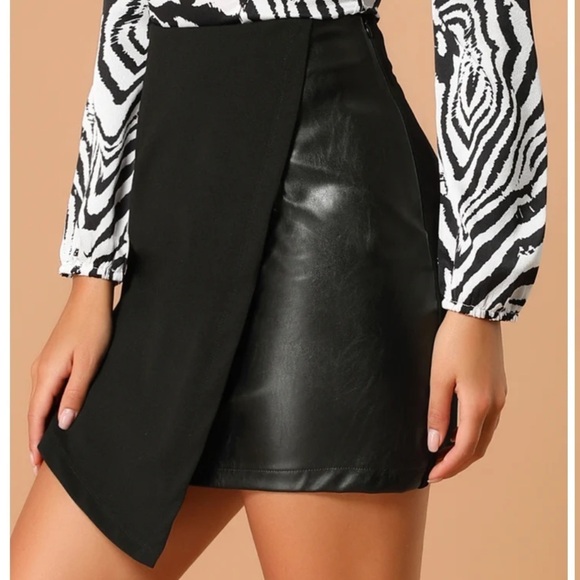NWT Allegra K Black High Waist Faux Leather Asymmetrical Hem Mini Skirt - Picture 1 of 12